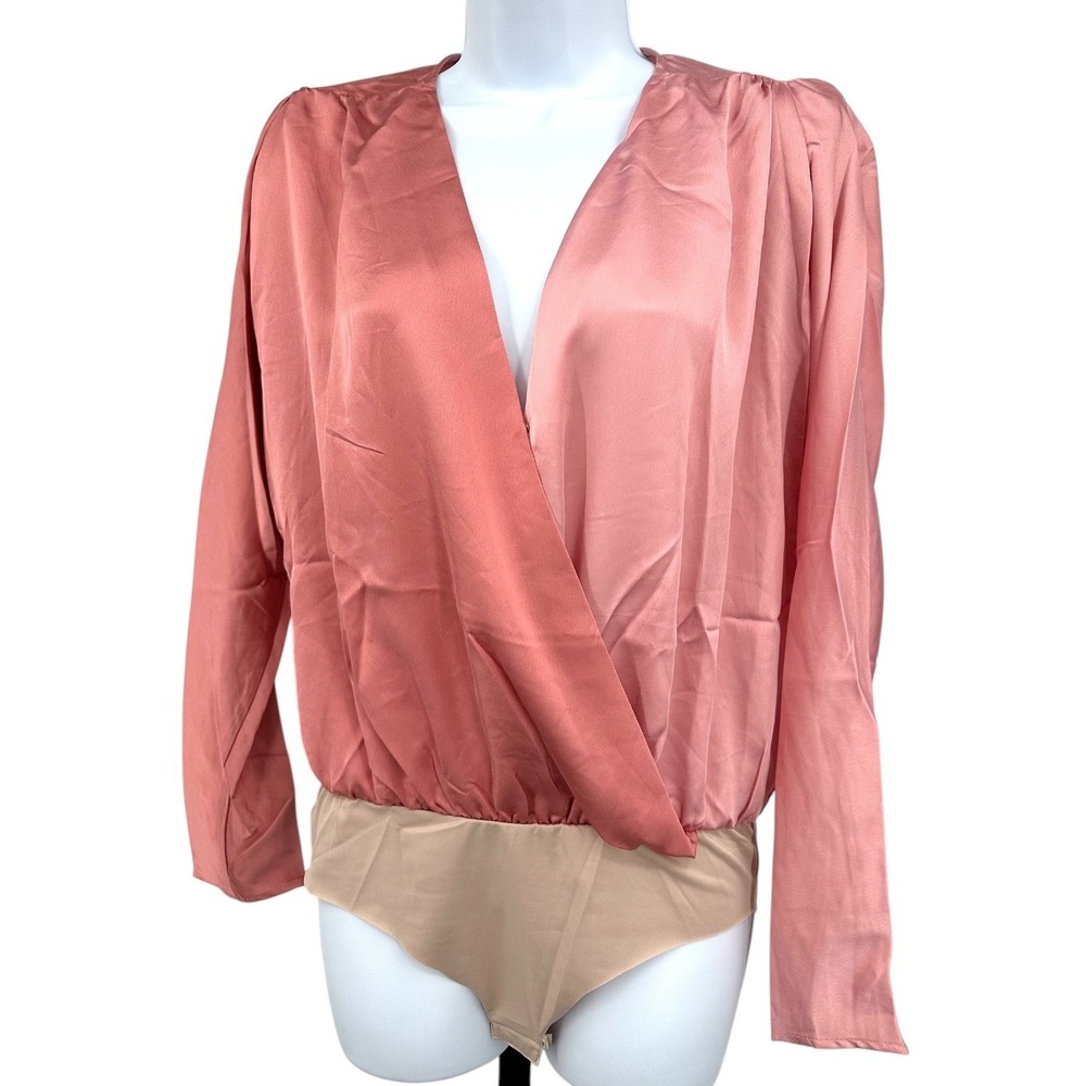 NEW Strut & Bolt Pink and Rose Gold Satin Wrap Blouse BodySuit Women's Medium